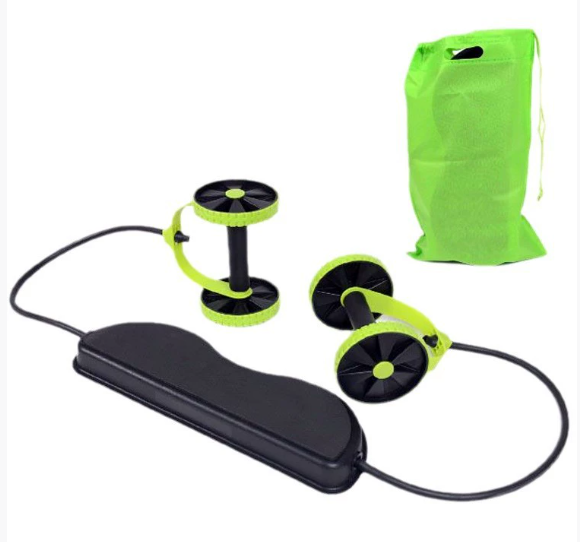 Green and black exercise device with carrying bag on a white background