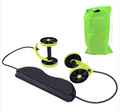 Green and black exercise device with carrying bag on a white background