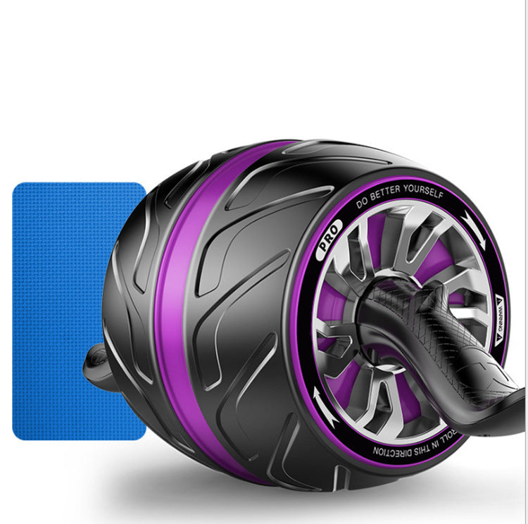 Black and purple ab roller with blue mat on a white background