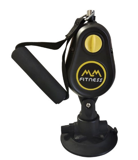 Black resistance band with yellow MM Fitness logo on a white background