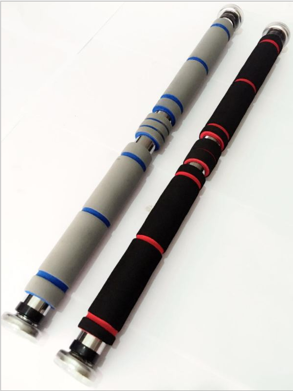 Two telescopic poles with gray, black, and red bands on a white background