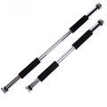 Two metallic bars with black grips on a white background