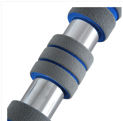 Close-up of a metal handle with gray foam grips and blue accents on a white background