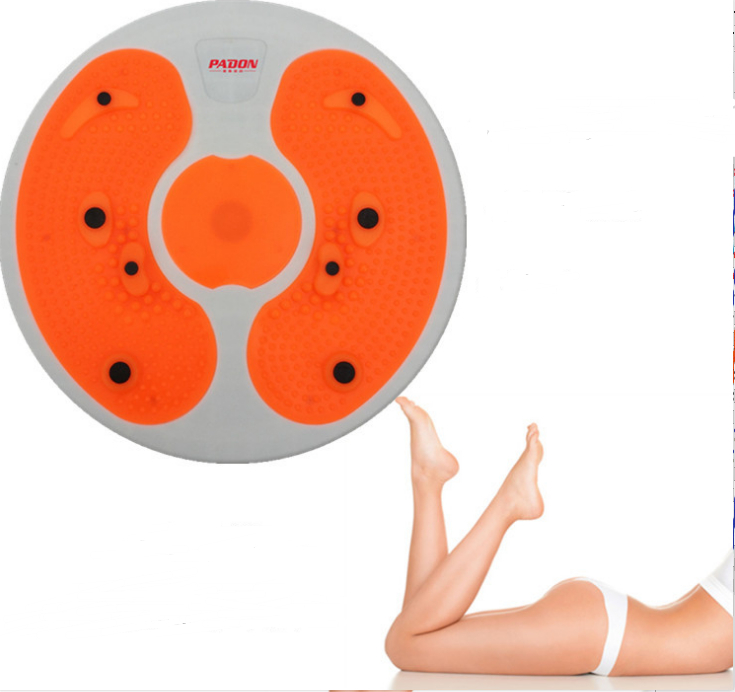 Orange and gray massage disc with a person lying on a white background