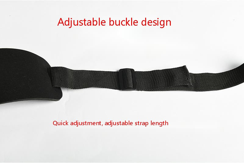 Black adjustable belt with text on a white background