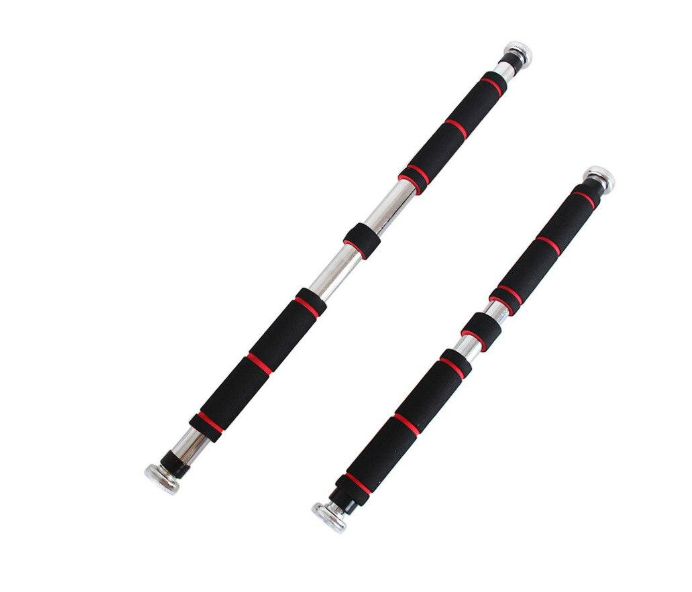 Two extendable bars with black and red handles on a white background