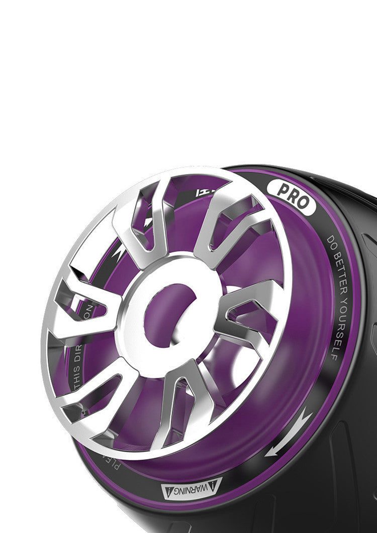 Close-up of a purple and silver wheel rim with 'Pro' branding on a white background