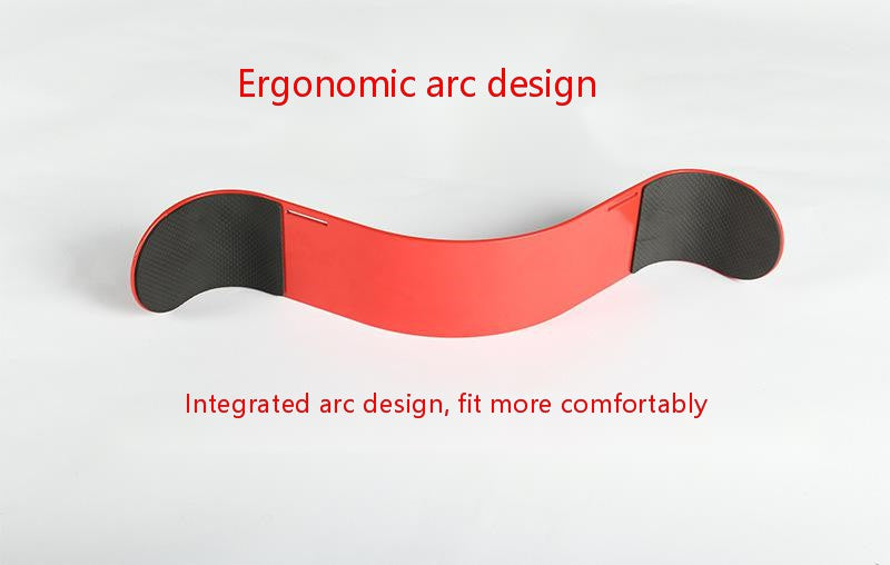 Red and black ergonomic arc design on a white background with text.
