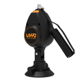 Black exercise equipment handle with orange logo on a white background