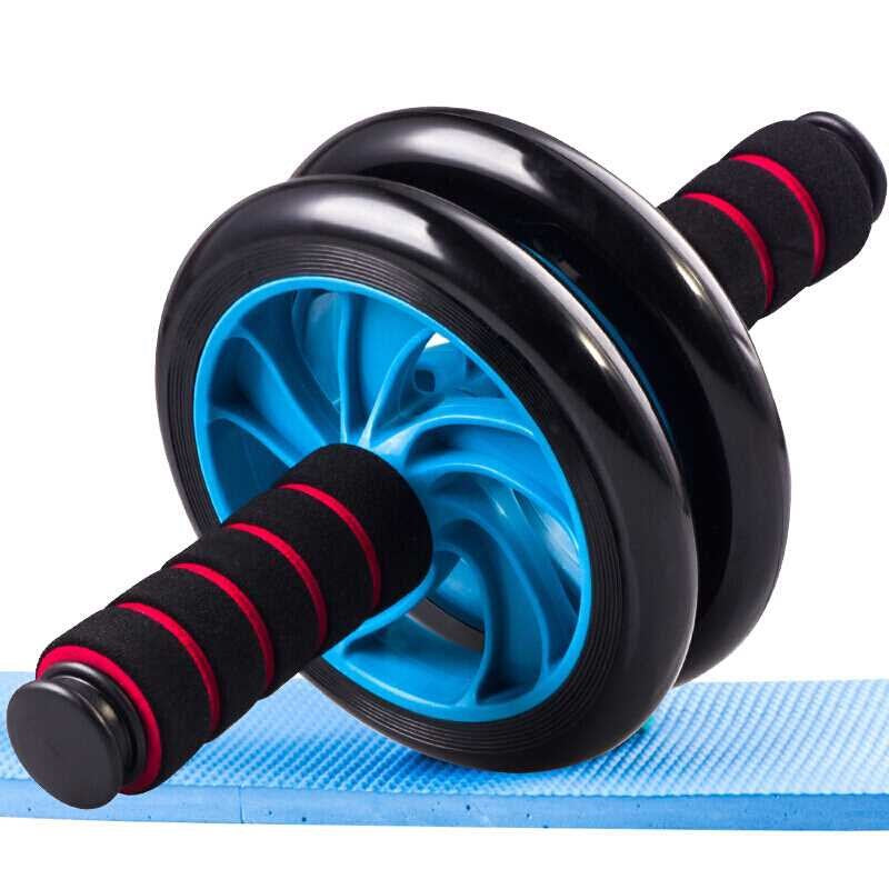 Black and blue ab roller on a blue mat