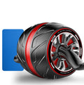 Black and red ab roller with a blue mat on a white background