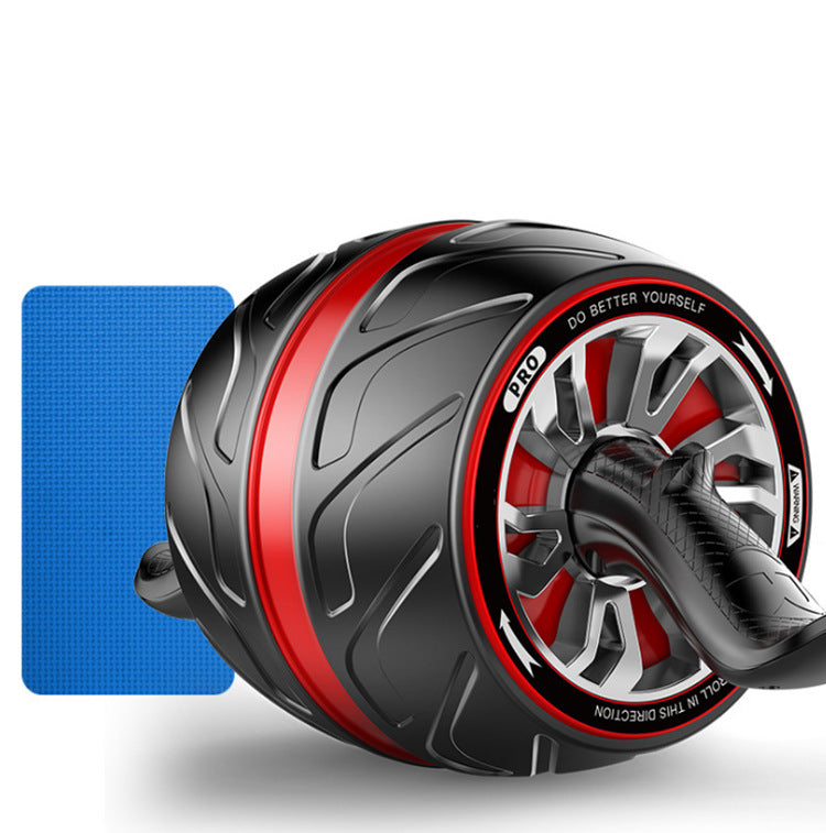 Black and red ab roller with a blue mat on a white background
