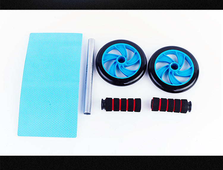 Set of fitness tools including a blue mat, two black wheels with blue centers, and two black握力器 on a white background.